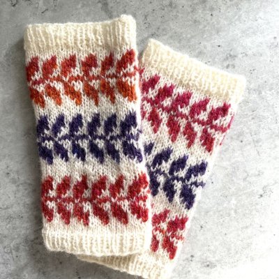 Zoom bild av stickbeskrivning handledsvärmare muddar ullcentrum