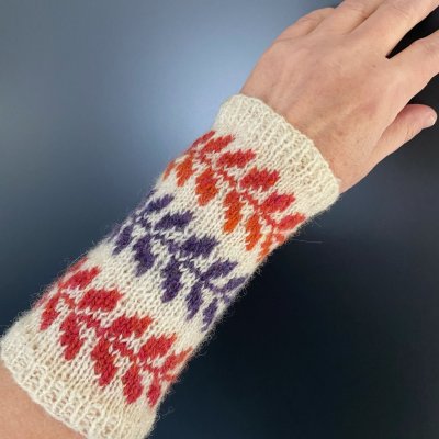 Zoom bild av stickbeskrivning handledsvärmare muddar ullcentrum