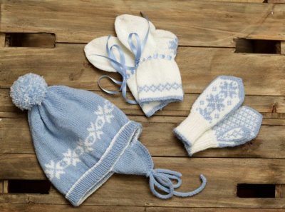 Zoom bild av Rauma mönster mössa vantar sockar babygarn panda stickning