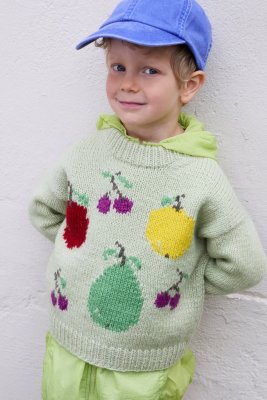 Zoom bild av stickbeskrivning rauma tröja barn fruktfest intarsia